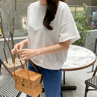 棉百搭 卫衣T恤夏季 T280韩国女装 简约宽松落肩圆领套头短袖