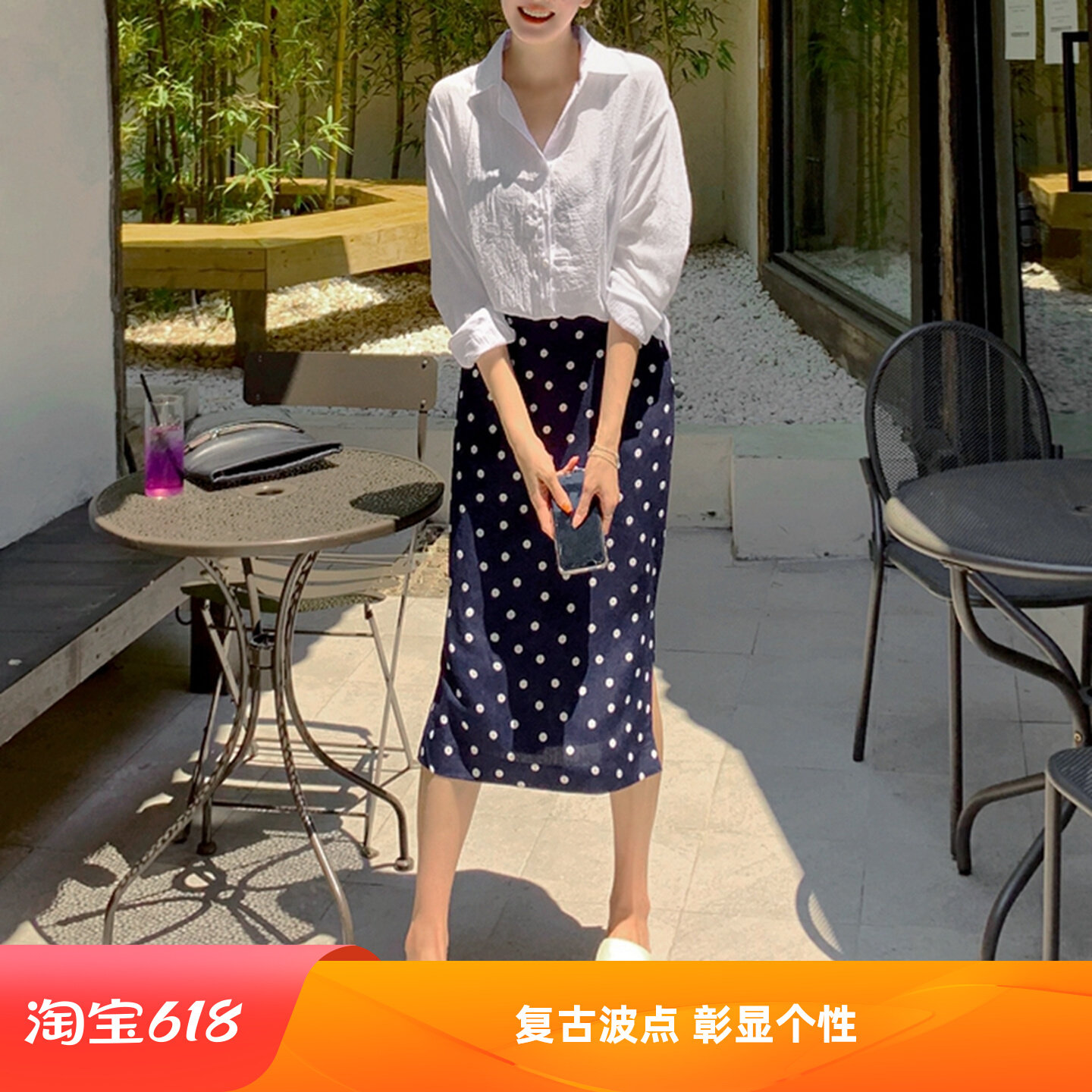 韩国女装新赫本波点开叉亚麻直筒半身裙夏显瘦中长款裙子复古Q41