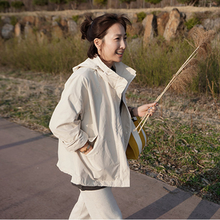 F28好品质韩国女装 风衣外套挡风防晒 简约宽松戴帽春秋长袖