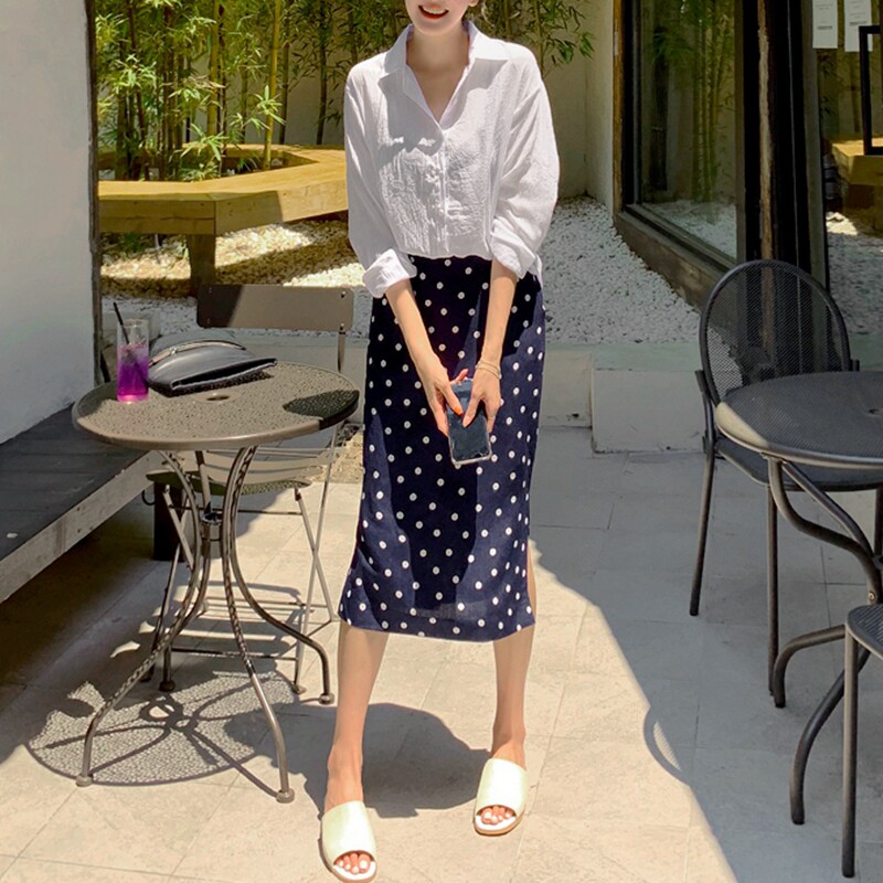 韩国女装新赫本波点开叉亚麻直筒半身裙夏显瘦中长款裙子复古Q41