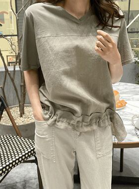 T269韩国女装新款夏女套头V领拼接设计感短袖T恤通勤显瘦