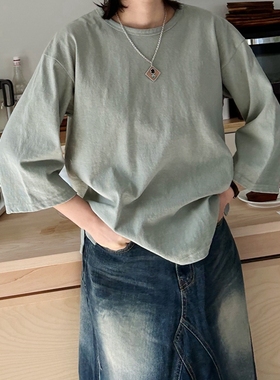 T321好品质韩国简约宽松七分袖圆领套头厚棉秋冬女t恤打底