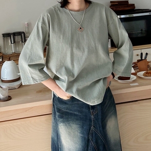 T321好品质韩国简约宽松七分袖圆领套头厚棉秋冬女t恤打底