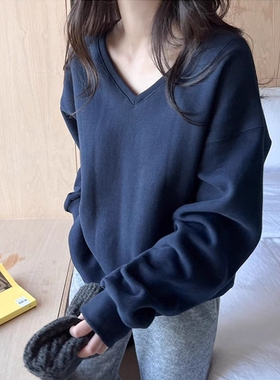 T296韩国女装新简约宽松V领抓绒长袖卫衣打底冬季亲肤温暖