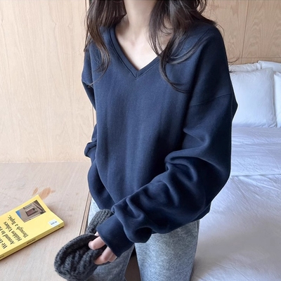 抓绒V领宽松简约保暖长袖卫衣