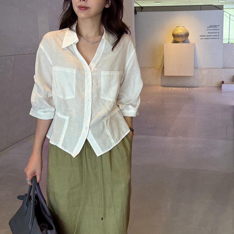 夏季天丝麻收腰显瘦白色女衬衫