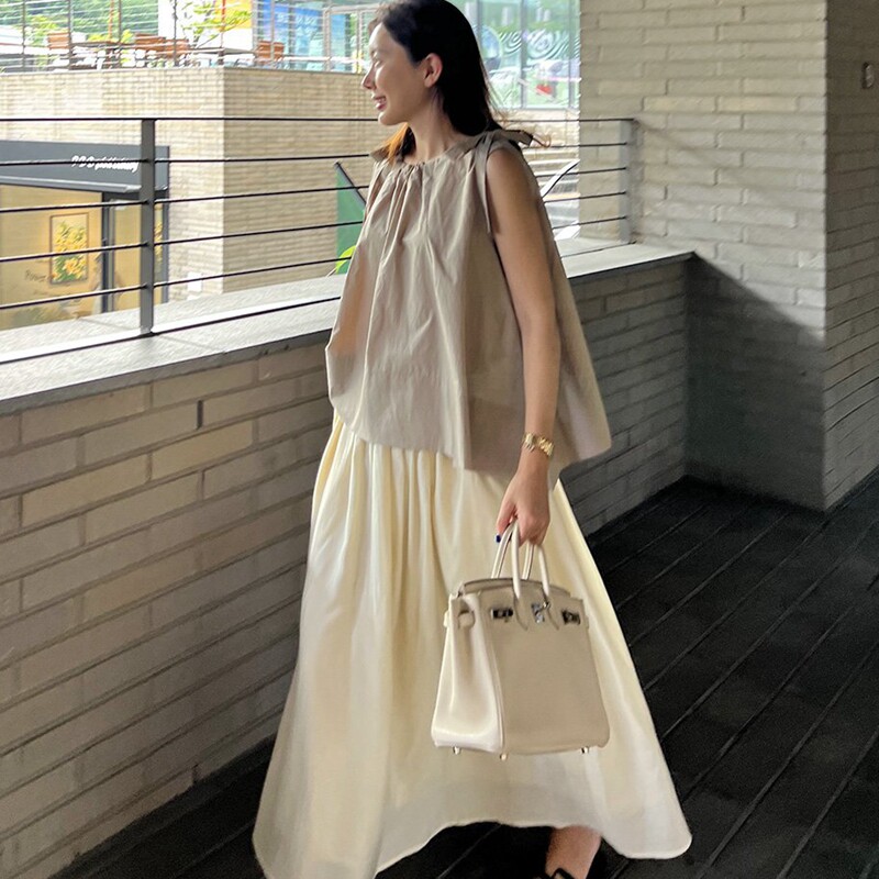 夏季纯棉无袖后绑带遮肚女衬衫