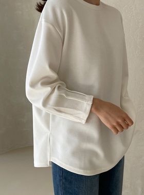 T277韩国女装袖口打褶设计感宽松磨毛厚纯棉圆领套头秋冬T恤打底