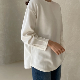 T277韩国女装 口打褶设计感宽松磨毛厚纯棉圆领套头秋冬T恤打底 袖
