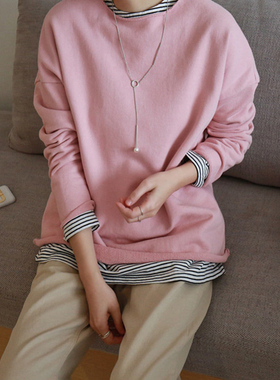 T169韩国女装新款2025简约宽松圆领套头春款长袖女卫衣毛圈棉落肩