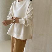 T274韩国女装 简约宽松圆领套头长袖 开叉薄绒秋冬女卫衣保暖