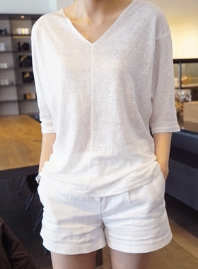 k1005韩国女装新2025亚麻针织凉爽透气宽松连肩五分袖V领夏女t恤