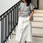 韩国女装 新简约设计感厚棉圆领套头落肩短袖 两侧收褶夏女t恤T333