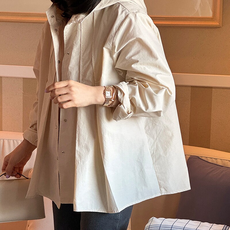F82好品质韩国女装戴帽长袖压褶A型宽松春夏女风衣外套显瘦