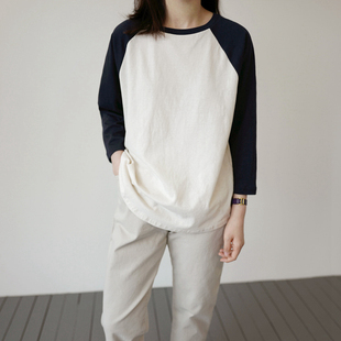 T197韩国女装 拼色插肩七分袖 厚棉圆领宽松春夏T恤打底衫 2026新品