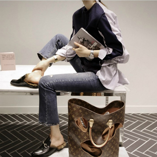 女卫衣衬衫 韩国女装 设计感条纹拼接卫衣长袖 新款 上衣抽绳 2025秋装