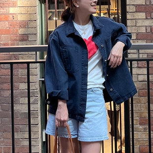 F85好品质韩国女装 牛仔风外套上衣休闲显瘦 深蓝直筒宽松春夏长袖