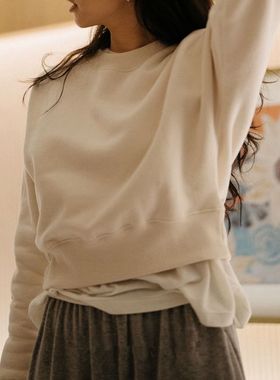 T262韩国女装套头宽松长袖短款简约纯色薄绒女卫衣打底保暖