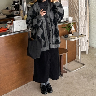 韩国女装 黑色A字中长裙百搭暖 学院风复古灯芯绒半身裙2025秋冬季