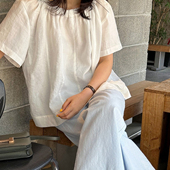 亚麻上衣衬衫 好品质韩国女装 宽松娃娃圆领短袖 凉爽显瘦C117