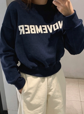 T303好品质韩国女装冬简约抓绒长袖字母圆领套头卫衣绒衫保暖休闲