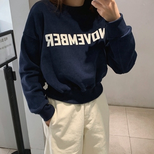 保暖休闲 字母圆领套头卫衣绒衫 T303好品质韩国女装 冬简约抓绒长袖