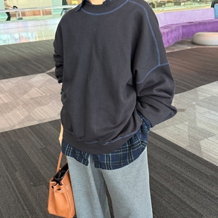 韩国女装 撞色压线圆领套头休闲纯棉毛圈卫衣通勤显瘦 简约宽松长袖