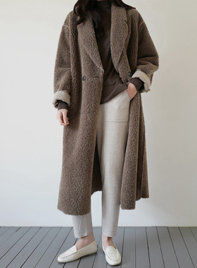 韩国女装皮毛一体羊羔绒中长复古宽松冬季长袖外套大衣保暖D39