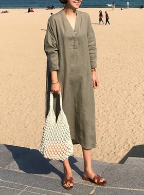 L119好品质韩国女装V领过膝大码连衣裙中长衬衫春夏凉爽