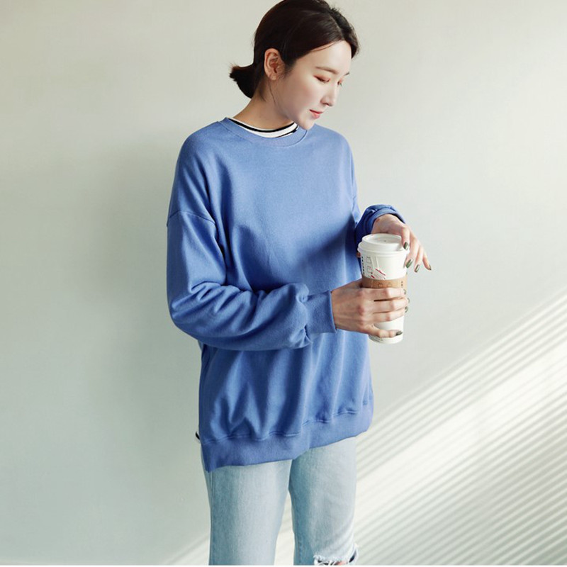 T112韩国女装新品2026开叉简约宽松纯棉春秋女长袖圆领薄毛圈卫衣