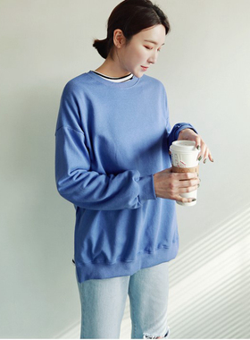 T112韩国女装新品2025开叉简约宽松纯棉春秋女长袖圆领薄毛圈卫衣