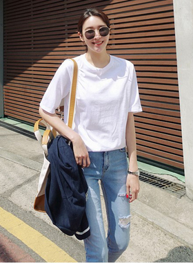 T129韩国女装新款简约纯棉圆领套头夏女短袖T恤显瘦打底衫女内搭