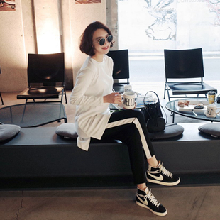 套头秋冬女T恤打底 开叉简约厚棉长袖 T105韩国女装 竹节棉中长款