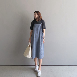 夏女连衣裙 2025宽松简约大口袋亚麻吊带无袖 L43韩国女装 代新款