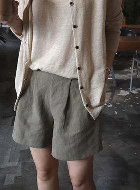 K25韩国女装新品2025亚麻宽松简约夏女短裤通勤低腰素色显瘦现货
