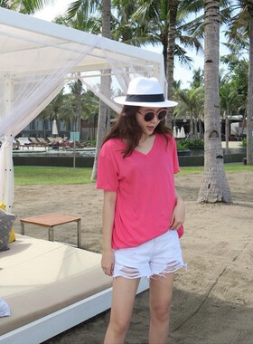 k957新款白色欧美韩国女装2026洗水V领亮丽糖果色休闲夏女短袖t恤