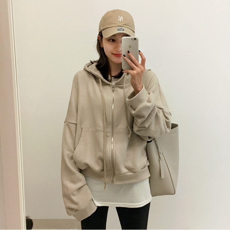0韩国拉链简约毛圈棉戴帽卫衣