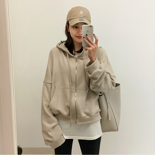 春秋女戴帽卫衣帽衫 2025宽松拉链简约毛圈棉长袖 新款 T111韩国女装