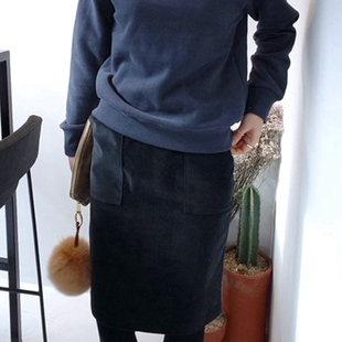 Q08韩国女装 代通勤灯芯绒口袋秋冬女半身裙中裙包臀显瘦棉弹力