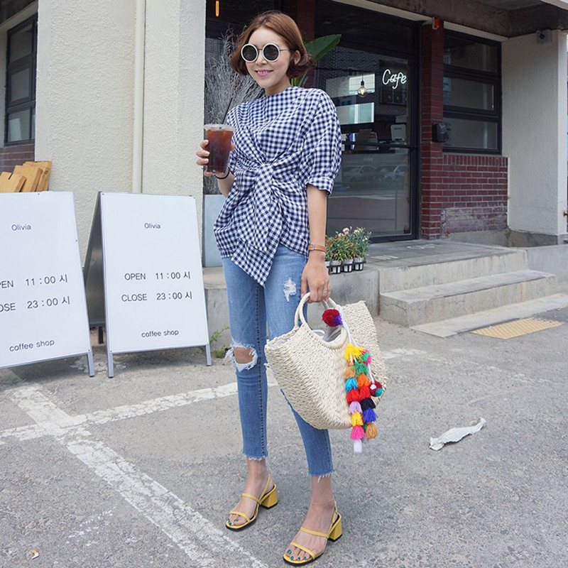 C34韩国女装代新品2026设计感格子绑带夏女短袖衬衫上衣显瘦通勤