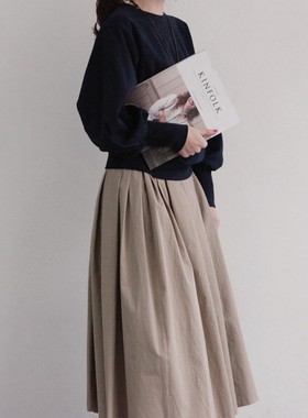 k952韩国女装代纯棉褶皱清新甜美复古素色春秋女半身中裙伞裙