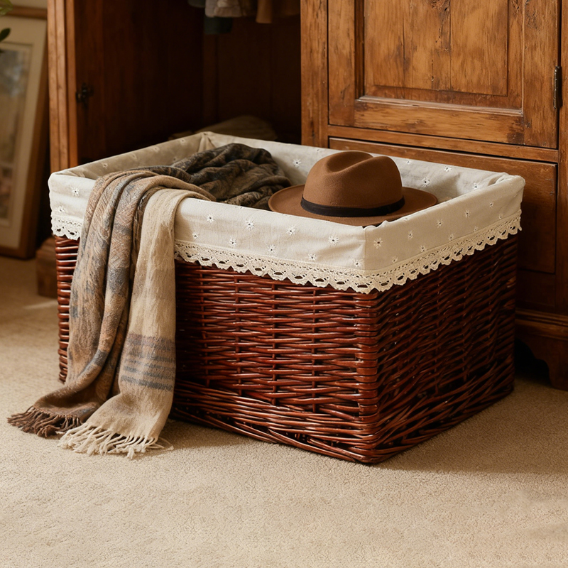 复古整理箱藤编零食收纳箱衣服收纳筐衣柜收纳盒编织框美式柜下篮