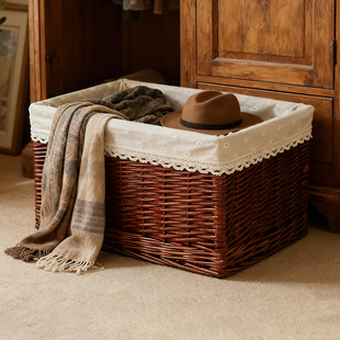 复古整理箱藤编零食收纳箱衣服收纳筐衣柜收纳盒编织框美式柜下篮