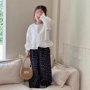 童裤春季新款2026女童韩系碎花阔腿裤儿童森系宽松休闲牛仔裤