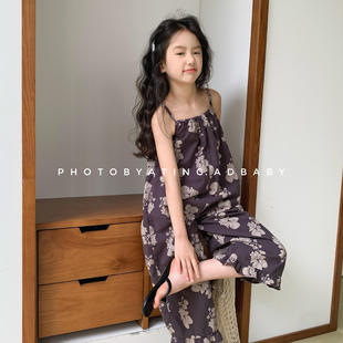 换季 2025夏装女童碎花背带连体裤夏季连身衣阔腿花边九分裤