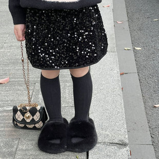 2025秋冬新童裙女童时尚亮片半身裙中小童宝宝洋气黑色A字公主裙