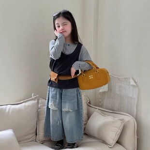 2026春装新款女童阔腿裤儿童复古宽松直筒牛仔裤做旧裙裤子裙裤潮