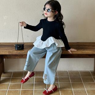 2025韩版春季新款女童直筒休闲时尚牛仔裤儿童宽松小熊阔腿长裤