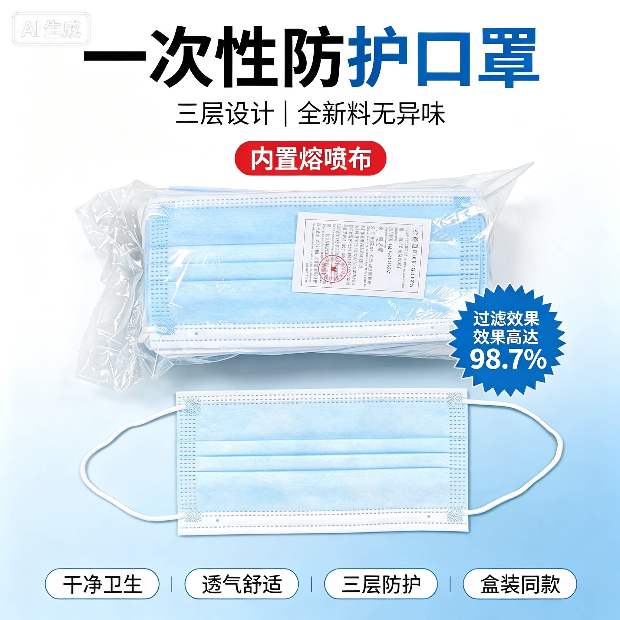 一次性三层无纺布口罩防尘透气三层防护熔喷布无异味50只非医疗