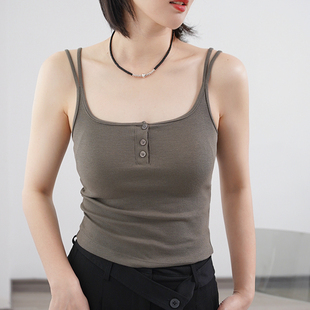 方领螺纹吊带小背心女纯棉带胸垫免穿文胸一体式 复古美式 打底美背